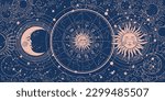 Modern astrology banner, vintage horoscope zodiac wheel with 12 signs and constellations, sun and moon with face, clouds and stars, havently mystical blue background. Hand drawn vector illustration.