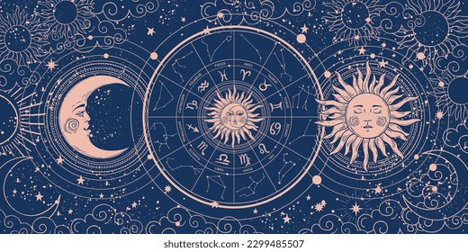 Modern astrology banner, vintage horoscope zodiac wheel with 12 signs and constellations, sun and moon with face, clouds and stars, havently mystical blue background. Hand drawn vector illustration.