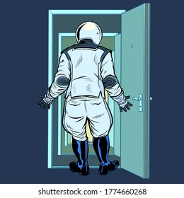 modern astronaut stands in front of an open door. New discoveries. Pop art retro vector illustration kitsch vintage 50s 60s style