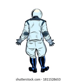 Modern astronaut stands with his back. Pop art retro vector illustration kitsch vintage 50s 60s style