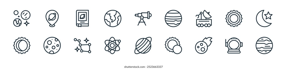 moderno astronomia ícone pack. perfeito para projetos de interface de usuário linear com vetor mars, astronauta, meteorito, eclipse, saturno, átomo, big dipper e mais ícones para aplicativos móveis e web.