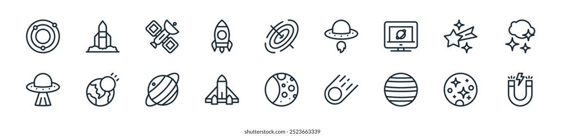 modern astronomy icon pack. perfect for linear ui designs featuring vector magnet, mercury, venus, meteor, full moon, spacecraft, uranus and more icons for mobile and web apps.