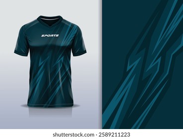 Modern Athletic Jersey Mockup, A dynamic t-shirt mockup featuring an abstract stripe pattern, designed for football, soccer, racing, esports, and running in a sleek dark green color