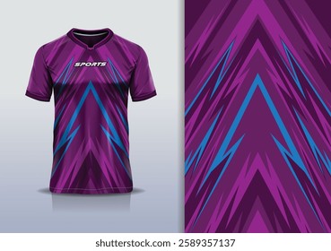 Modern Athletic Jersey Mockup, A dynamic t-shirt mockup featuring an abstract stripe pattern, designed for football, soccer, racing, esports, and running in a sleek purple blue color