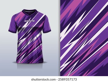 Modern Athletic Jersey Mockup, A dynamic t-shirt mockup featuring an abstract stripe pattern, designed for football, soccer, racing, esports, and running in a sleek purple white color