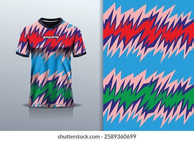 Modern Athletic Jersey Mockup, A dynamic t-shirt mockup featuring an abstract stripe pattern, designed for football, soccer, racing, esports, and running in a sleek blue pink color