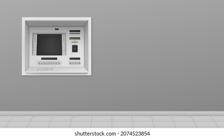 Modern ATM device at empty gray wall indoor or outdoor building realistic vector illustration. Banking terminal automated money transaction. Finance service with monitor, keypad and buttons