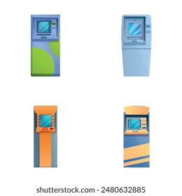 Modern atm icons set cartoon vector. Various cash machine. Automated teller machine