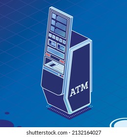 Modern Atm Machine on Blue Background. Isometric Business Concept. Vector Illustration. Touch Screen with UI Interface. Bank App. Outline Automated Teller Machine.