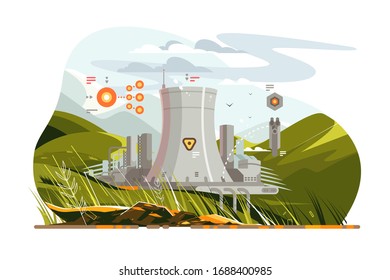 Modern atomic reactor vector illustration. Big tube helping water steam evaporate faster and more efficient for producing big amount of high quality nuclear energy