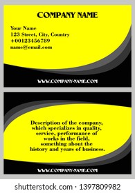 Modern and attractive business card with a pure black and yellow color combination, front and back side with information that is always subject to change if necessary