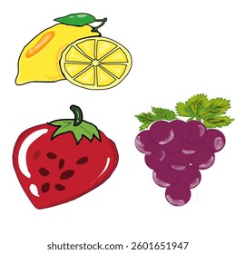 Modern and attractive colored illustration of lemon, grapes and strawberries. Smooth design and touch of minimalist geometric elements, create a dynamic and professional look.