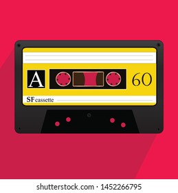 modern audio cassette flat icon vector illustration on pink background with a long shadow