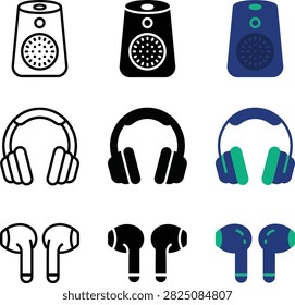 Modern audio devices including speakers headphones and earbuds icons