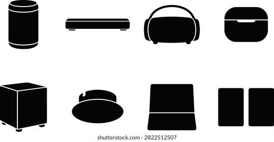 Modern audio equipment vector icon set featuring smart speakers soundbar subwoofer portable boombox and wireless earbud case