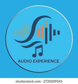Diseño de logotipo de experiencia de audio moderno con ondas de sonido y nota de música sobre fondo circular azul