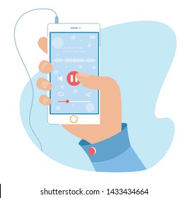 Modern Audio Player Application for Mobile Phone. Music UI App Design on Smartphone Screen with Earphones Holding by Human Hands. Smart Technology Development. Flat Cartoon Vector Illustration