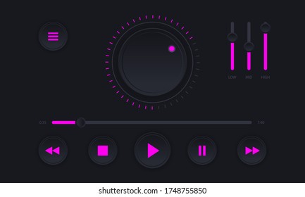 Modern audio player interface. Dark color audio player control panel for PC, smartphones, or tablets. Vector illustration