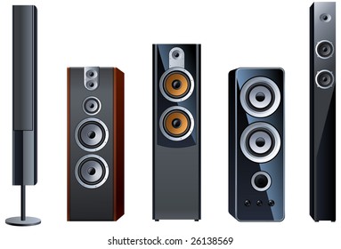 Modern audio speakers on white background.