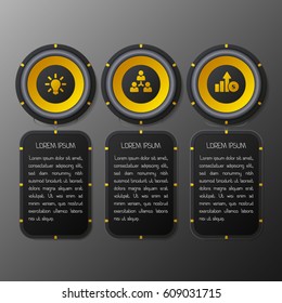 Modern audio system speakers infographic template. Three options vector illustration. 3 steps notes business concept for workflow, data, process, parts
