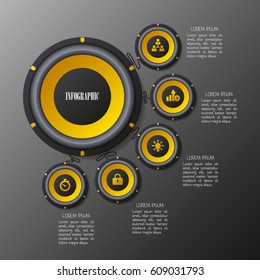 Modern audio system speakers infographic template. Five options vector illustration. 5 steps business concept for workflow, data, process, parts with big main target