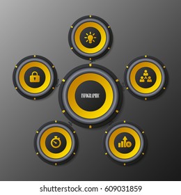 Modern audio system speakers infographic template. Five options vector illustration. 5 circle steps business concept for workflow, data, process, parts
