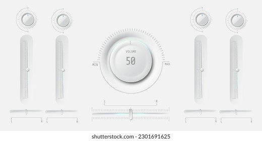 Modern audio UI user interface with volume buttons and sliders. Minimalistic neumorphism style. Audio mixer, sound equalizer, virtual synthesizer. Vector control panel elements.