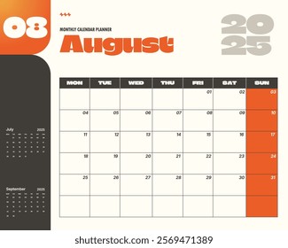 Modern August 2025 calendar planner template.  Ideal for scheduling and organization.