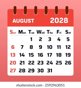 Modern August 2028 calendar featuring a neat and organized design. Perfect for personal planners, office schedules, and tracking monthly goals
