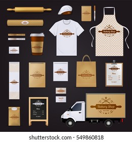 Modern authentic bakery shop corporate identity menu and price list template design black background realistic vector illustration     