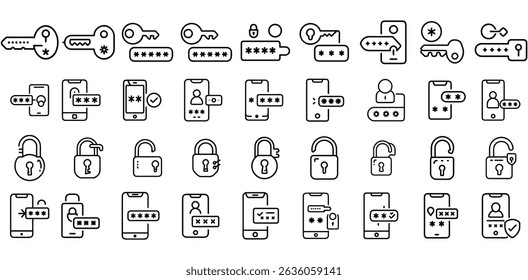 Ícones modernos de vetor de autenticação. Inclui acesso livre de senha, login biométrico e símbolos de desbloqueio seguro para web, interface de usuário móvel e marca de tecnologia