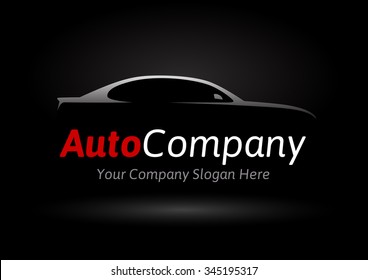 Modern auto company logo design concept with sports saloon car silhouette on black background. Vector illustration.