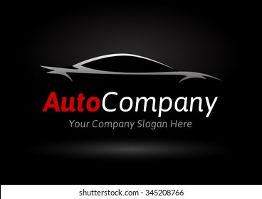 Modern Auto Company Logo Design Concept with Sports Car Silhouette on black background. Vector illustration.