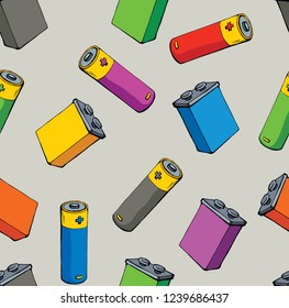 Modern auto engine chemical lithium polarity cylinder component on light grey fond. Bright multy color hand drawn pole recycling object logo emblem concept in retro art doodle cartoon tileable style