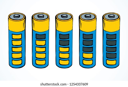 Modern auto engine chemical lithium cylinder on light backdrop. Bright blue color hand drawn pole object logo pictogram emblem concept in retro art cartoon style on space for text. Closeup view
