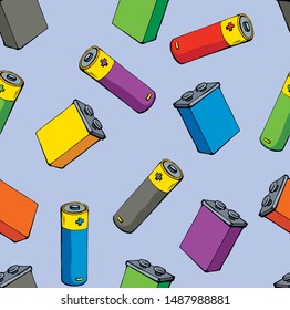 Modern auto engine chemical lithium polarity cylinder component on light blue fond. Bright multy color hand drawn pole recycling object logo pictogram concept in retro art cartoon comic tileable style