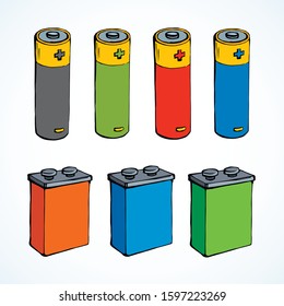 Modern auto engine chemical lithium cylinder on light backdrop. Bright multi color hand drawn pole object logo pictogram emblem concept in retro art doodle cartoon style on text space. Closeup view