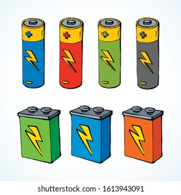 Modern auto engine chemical lithium cylinder on light backdrop. Bright multy color hand drawn pole object logo pictogram emblem concept in retro art doodle cartoon style on text space. Closeup view