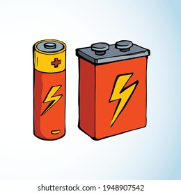 Modern auto engine chemical lithium cylinder on light backdrop. Bright red color hand drawn pole object logo pictogram emblem concept in retro art doodle cartoon style on space for text. Closeup view