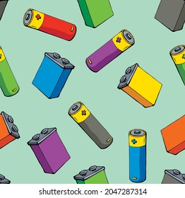 Modern auto engine chemical lithium polarity cylinder component on light green fond. Bright multy color hand drawn pole recycling object logo pictogram concept in retro art doodle cartoon tileable sty