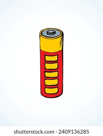 Cilindro de litio químico con motor automático moderno en el fondo de la luz. Color rojo brillante diseño de emblema del logotipo del objeto de la barra dibujado a mano en el estilo de dibujos animados del doodle de arte retro en el espacio para el texto. Vista de cierre