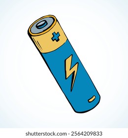 Modern auto engine chemical lithium cylinder on light backdrop. Bright blue color hand drawn pole object logo pictogram emblem concept in retro art doodle cartoon style on space for text. Closeup view