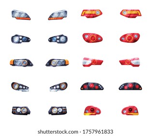 Modern Auto Headlights Set, Front and Rare Led Headlamps Flat Style Vector Illustration on White Background