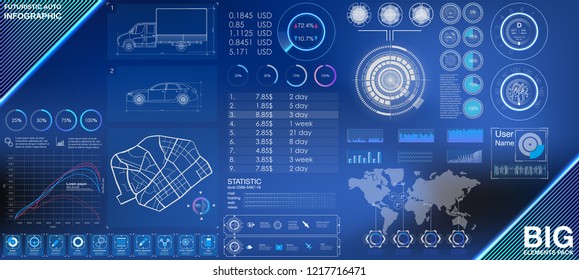 Modern Auto Infographic Vector Template With Statistics Graphs And Car Parts And Accessories. Diagram Template And Chart Graph, Graphic Information Visualization Illustration.