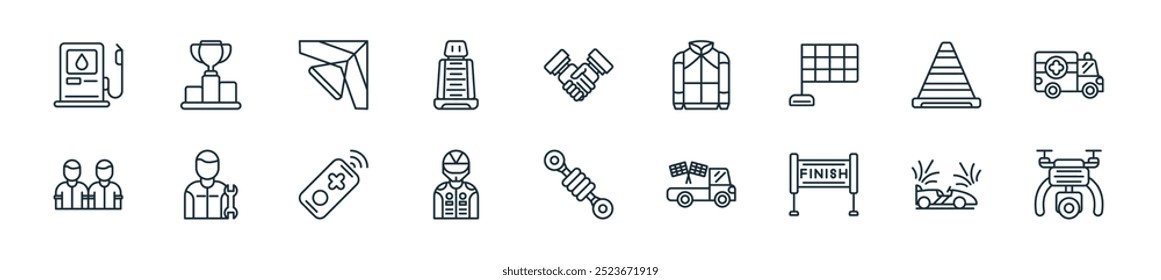 modern auto race icon pack. perfect for linear ui designs featuring vector drone, celebration, finish line, truck, suspension, racer, controller and more icons for mobile and web apps.