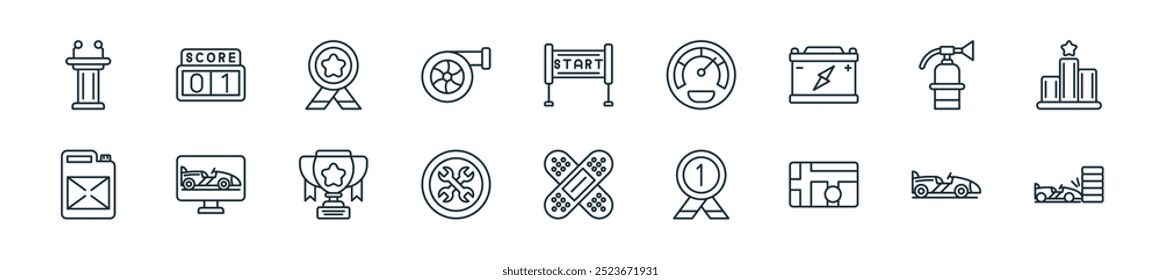 modern auto race icon pack. perfect for linear ui designs featuring vector car accident, racing car, route, medal, injury, tools, trophy and more icons for mobile and web apps.