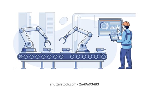 Modern automated factory floor featuring robotic arms working on a production line monitored by a human operator displaying data on a tablet