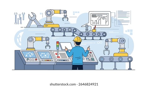 Modern Automated Industrial Manufacturing Facility With Robotic Arms And Control Panel