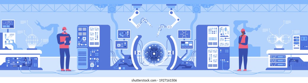 Modern Automated Production With Robotic Technology Concept. Robot Hands Create Huge Microchip, Worker Engineers Control Process On High-tech Equipment. Vector Character Illustration Of Tech Industry