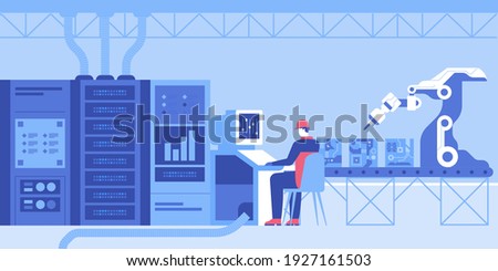 Modern automated production with robotic technology concept. Robot hand create microchips, works on line conveyor, engineer control process on computer. Vector character illustration of tech industry